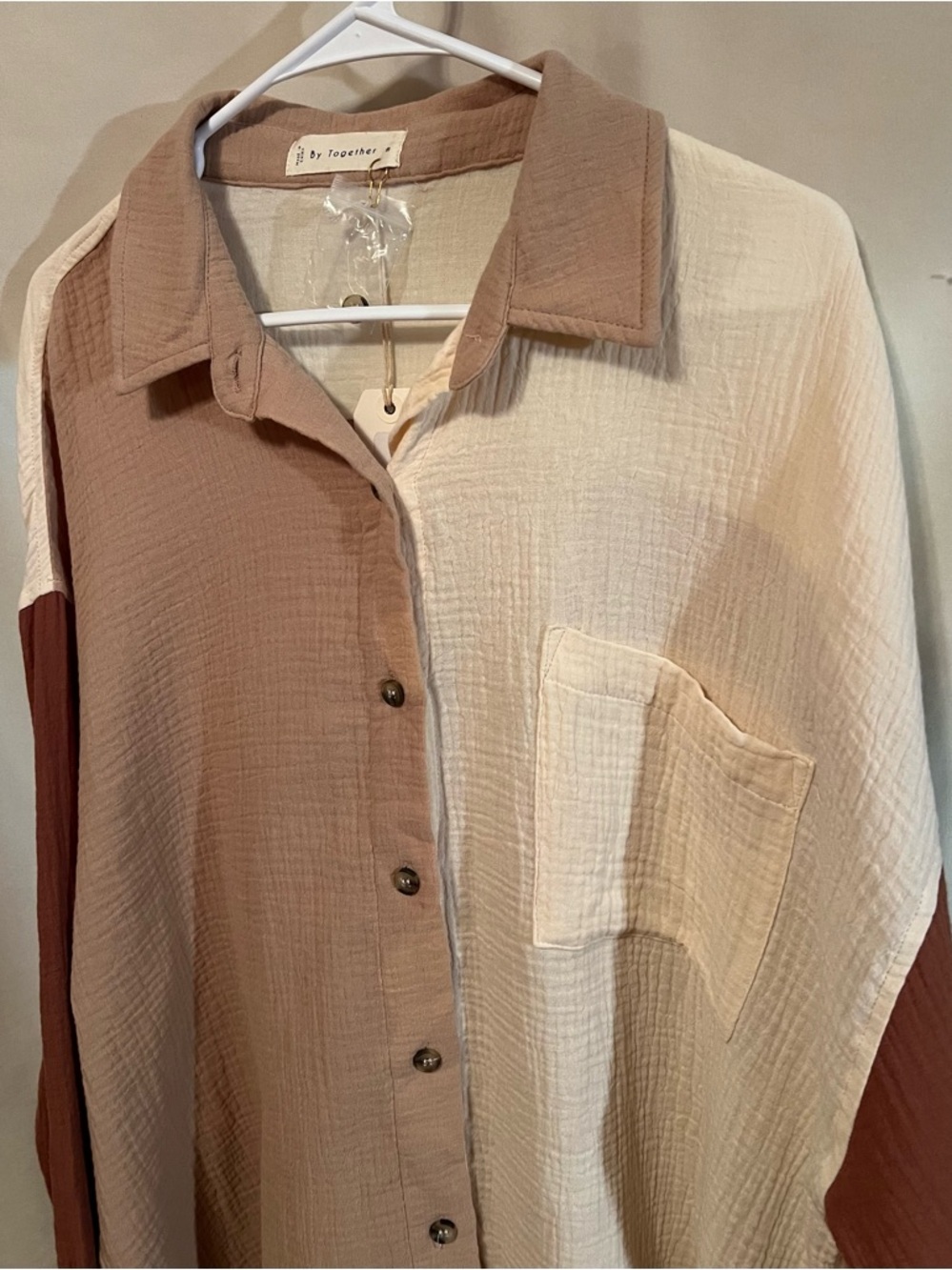 NWT By Together‎ Colorblock Button-Down Shirt in Cream, Taupe & Rust - Picture 3 of 8